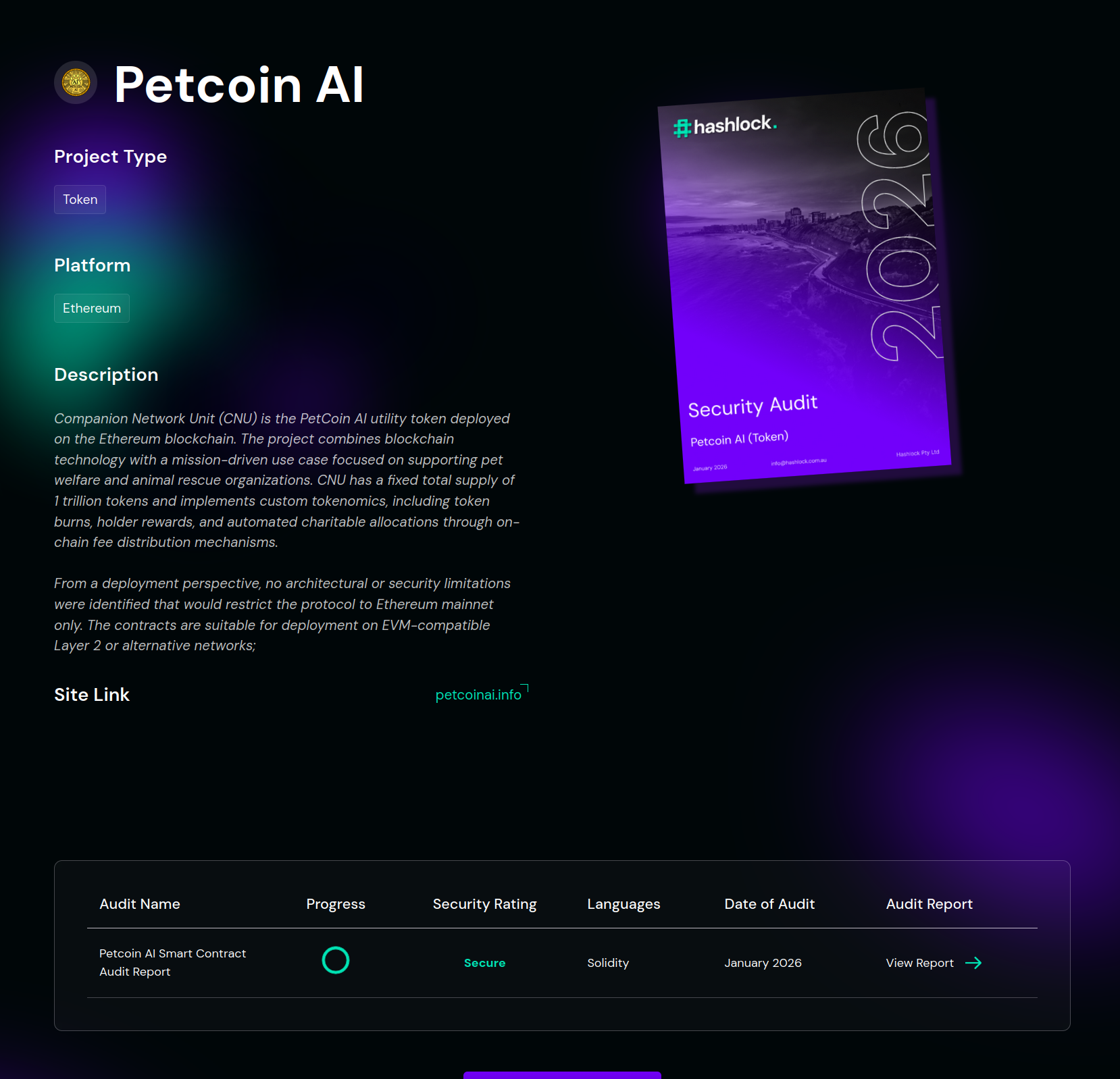 Screenshot of the PetCoin AI audit listing on Hashlock